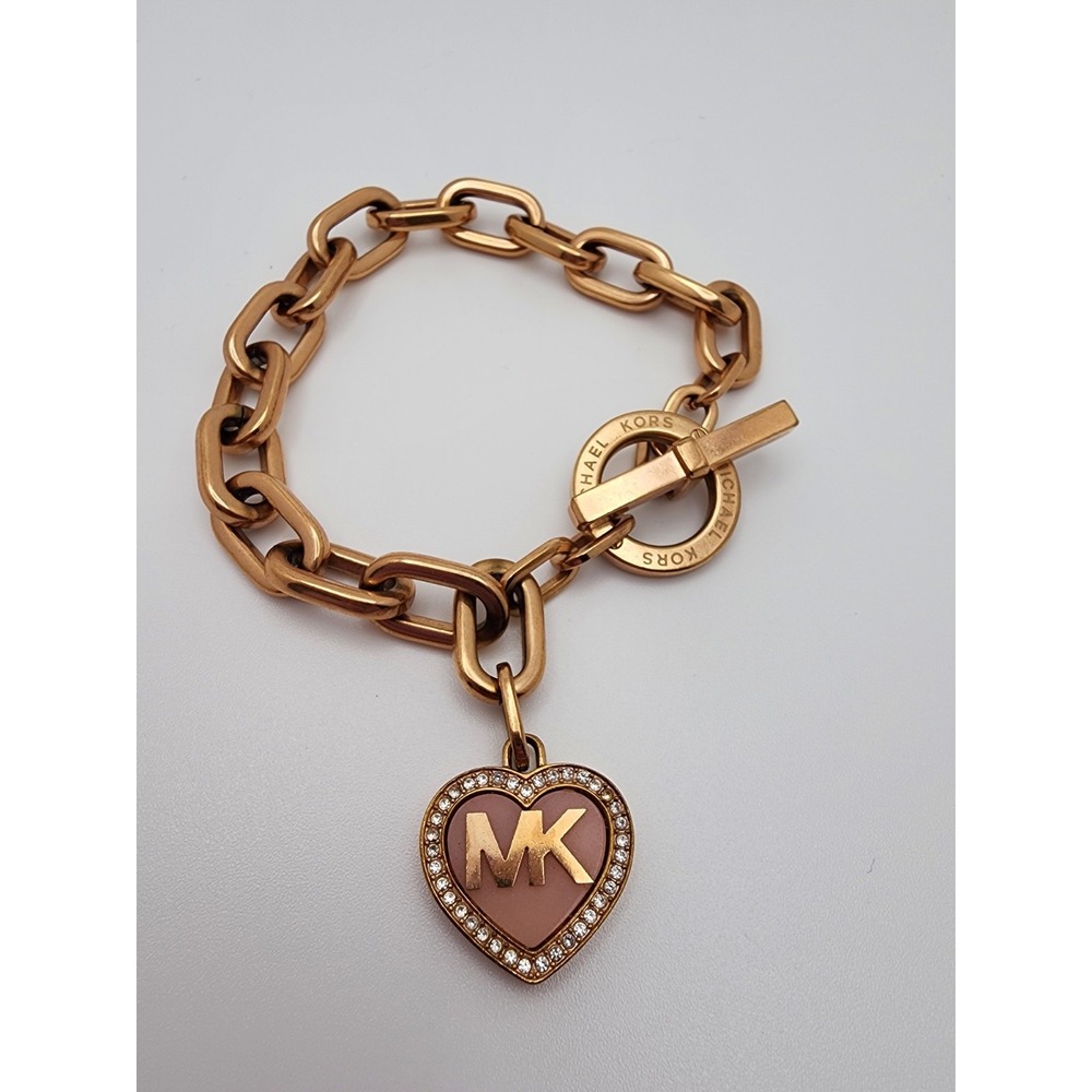 Michael Kors Rose Gold-Tone Heart Toggle Charm Bracelet Crystals MK Initial